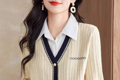 Collared Knit Top with Mock Two-Piece and Extended Sleeves