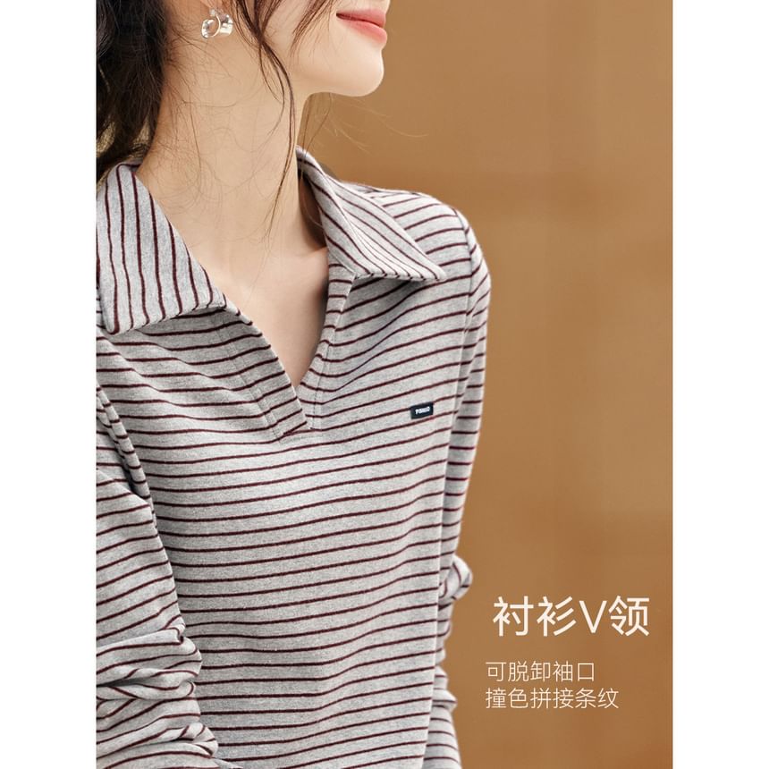 Striped Long Sleeve Polo Collar Top