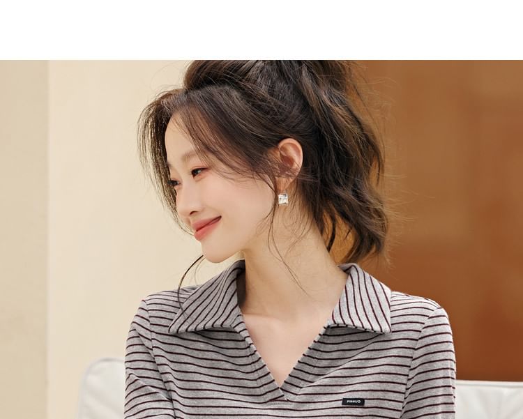 Striped Long Sleeve Polo Collar Top