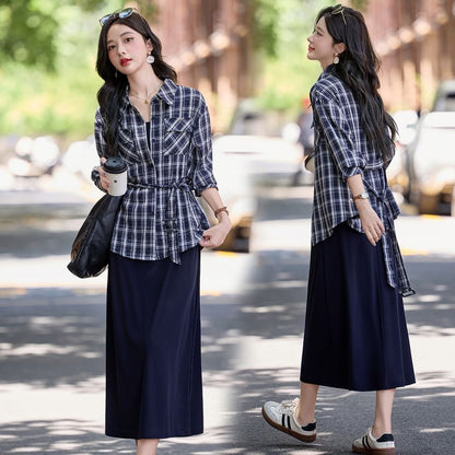 Set: Plaid Shirt with Long Sleeves and Solid Sleeveless Midi Dress