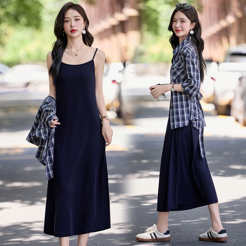 Set: Plaid Shirt with Long Sleeves and Solid Sleeveless Midi Dress
