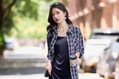 Set: Plaid Shirt with Long Sleeves and Solid Sleeveless Midi Dress
