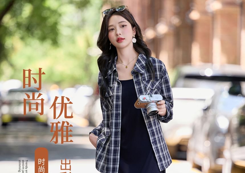 Set: Plaid Shirt with Long Sleeves and Solid Sleeveless Midi Dress