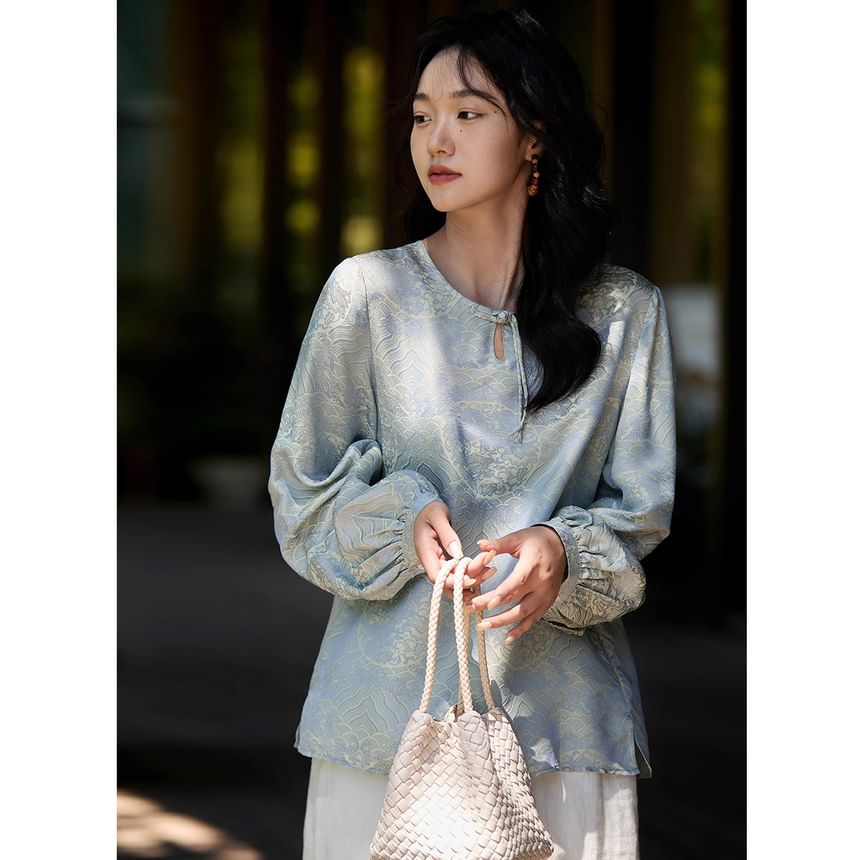 Jacquard Blouse with Puffed Sleeves