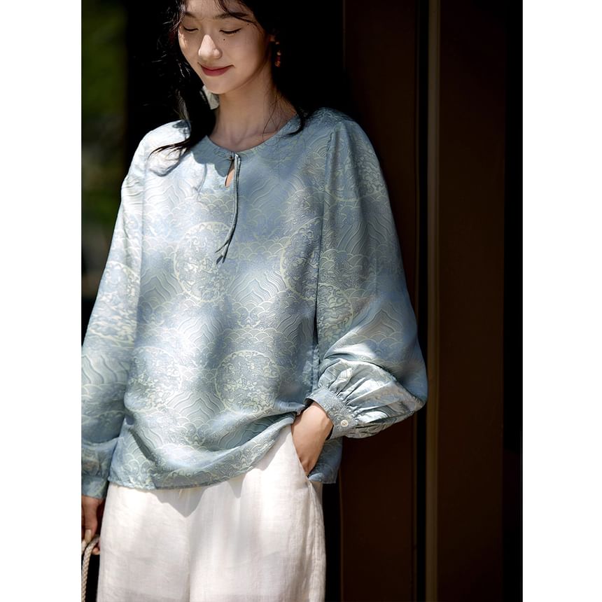 Jacquard Blouse with Puffed Sleeves