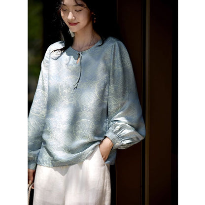 Jacquard Blouse with Puffed Sleeves