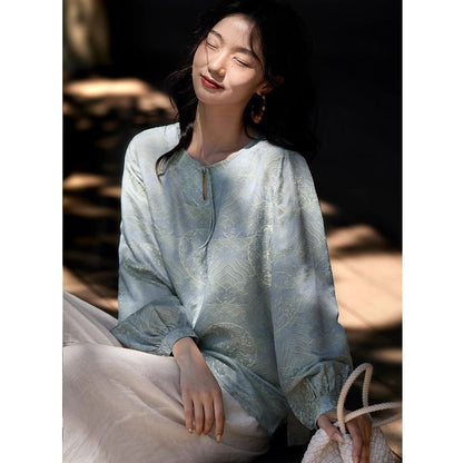 Jacquard Blouse with Puffed Sleeves