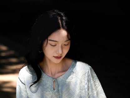 Jacquard Blouse with Puffed Sleeves