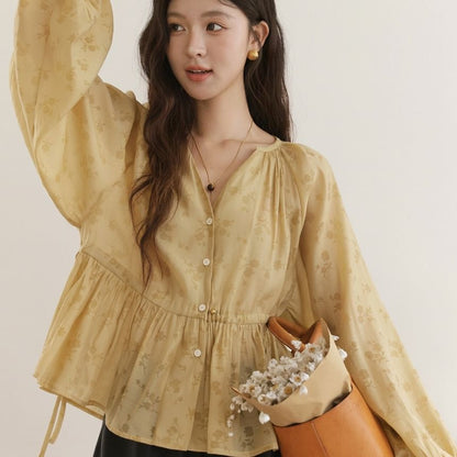 Cropped Flowy V-Neck Top with Long Sleeves