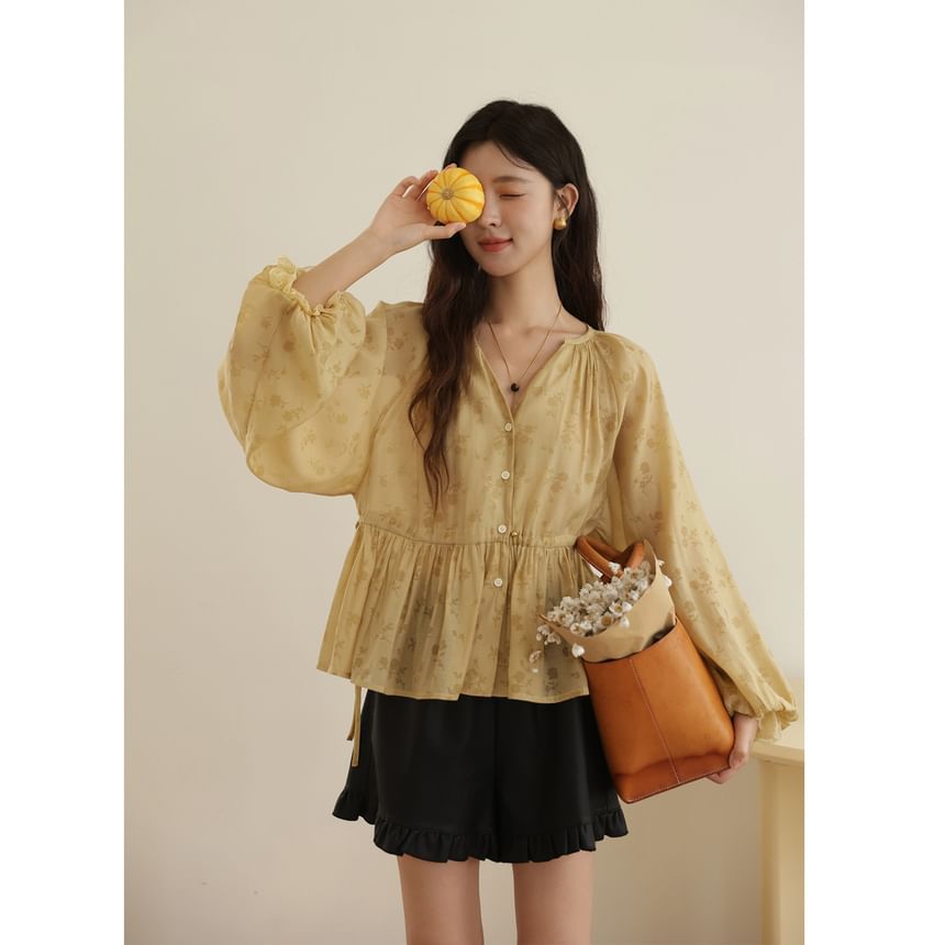 Cropped Flowy V-Neck Top with Long Sleeves