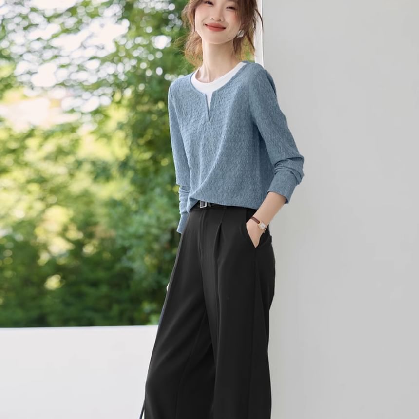 Two-Tone Layered Look Long Sleeve Blouse