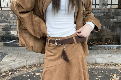 Faux Suede High Rise A-Line Skirt