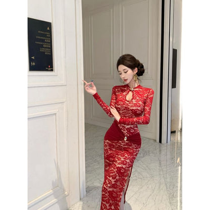 Long-Sleeve Floral Lace Midi Qipao