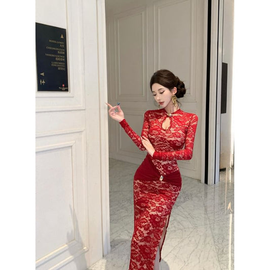 Long-Sleeve Floral Lace Midi Qipao