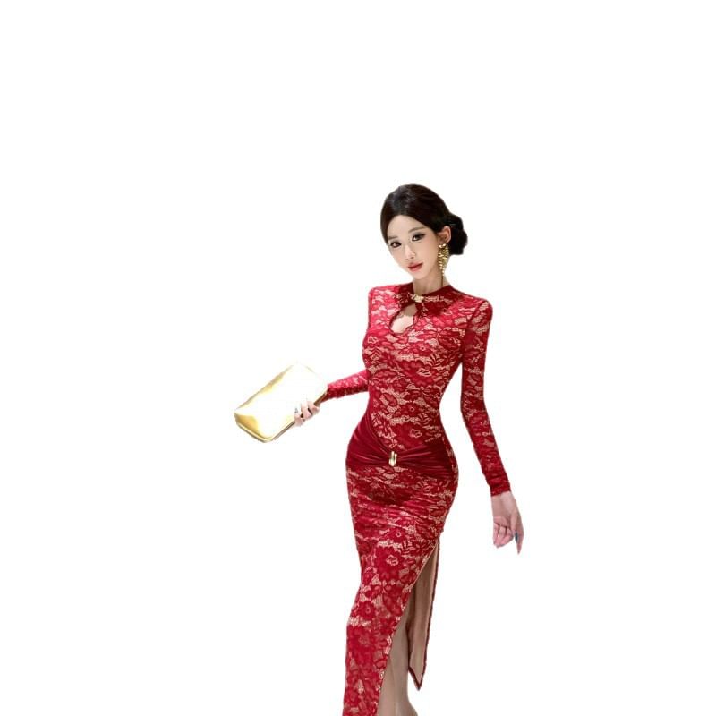 Long-Sleeve Floral Lace Midi Qipao
