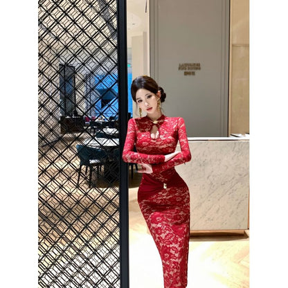 Long-Sleeve Floral Lace Midi Qipao