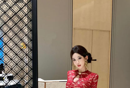 Long-Sleeve Floral Lace Midi Qipao