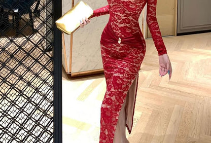 Long-Sleeve Floral Lace Midi Qipao