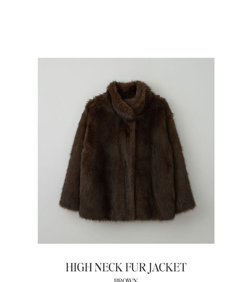 High-Neck Eco-Fur Jacket (Brown)