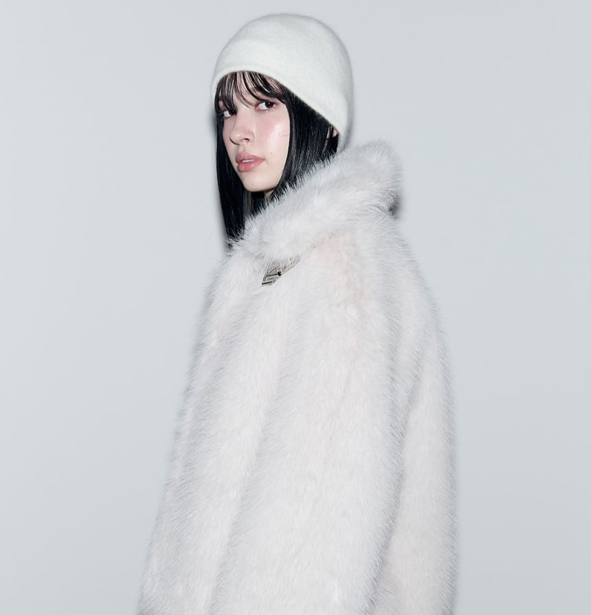 Belt-Neck Eco-Fur Jacket (Ivory)