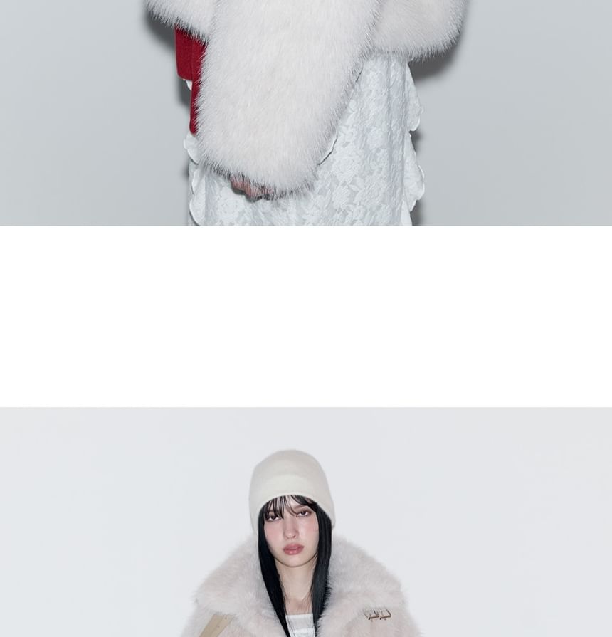 Belt-Neck Eco-Fur Jacket (Ivory)