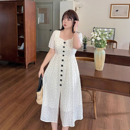Plus Size Short Sleeve Square Neck Polka Dot Midi A-Line Dress