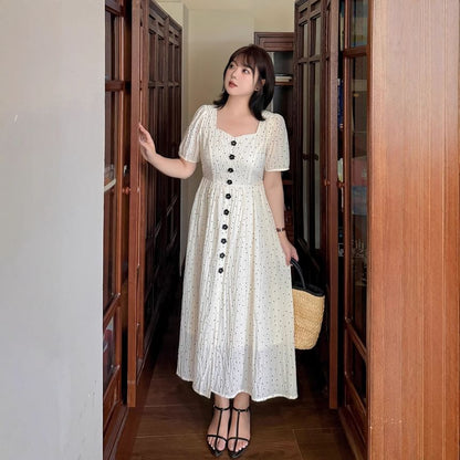 Plus Size Short Sleeve Square Neck Polka Dot Midi A-Line Dress