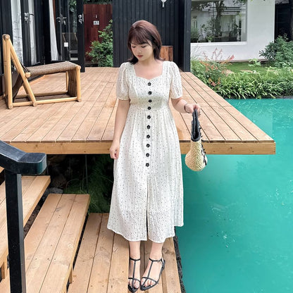 Plus Size Short Sleeve Square Neck Polka Dot Midi A-Line Dress