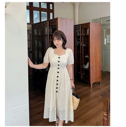 Plus Size Short Sleeve Square Neck Polka Dot Midi A-Line Dress