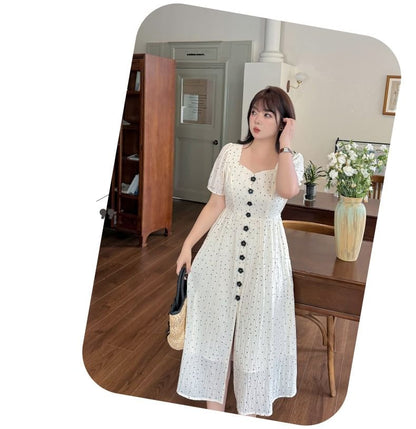 Plus Size Short Sleeve Square Neck Polka Dot Midi A-Line Dress