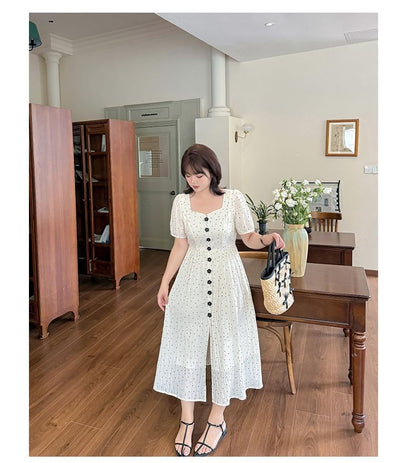 Plus Size Short Sleeve Square Neck Polka Dot Midi A-Line Dress