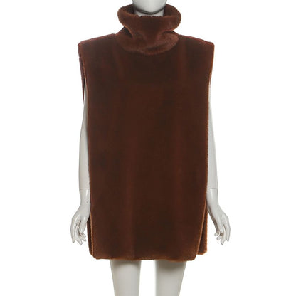 Stand Collar Plain Slit Faux Fur Vest