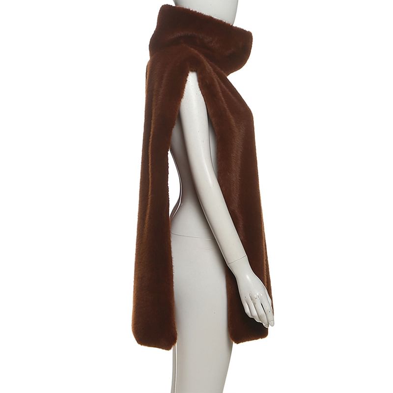 Stand Collar Plain Slit Faux Fur Vest