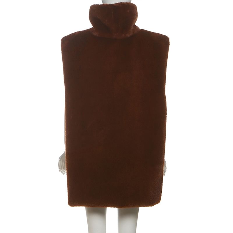 Stand Collar Plain Slit Faux Fur Vest