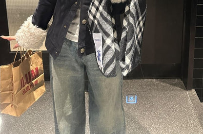 Furry Panel Button-Up Padded Jacket