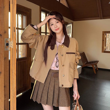 Collared Zip-Up Crop Jacket + Pleated Mini Skirt + Cardigan