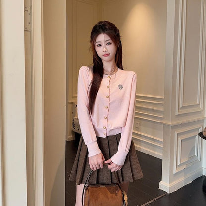 Collared Zip-Up Crop Jacket + Pleated Mini Skirt + Cardigan