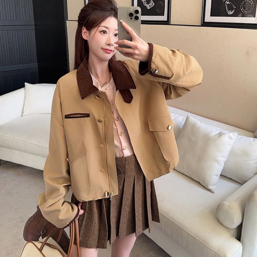 Collared Zip-Up Crop Jacket + Pleated Mini Skirt + Cardigan
