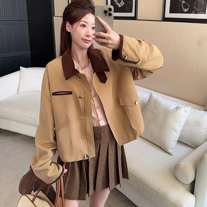 Collared Zip-Up Crop Jacket + Pleated Mini Skirt + Cardigan