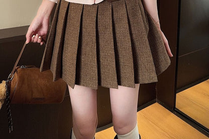 Collared Zip-Up Crop Jacket + Pleated Mini Skirt + Cardigan