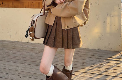 Collared Zip-Up Crop Jacket + Pleated Mini Skirt + Cardigan
