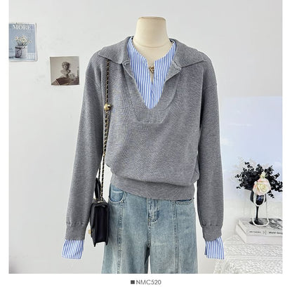Mock Layered Plaid V-Neck Long Sleeve Relaxed Knit Top