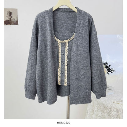 Scoop Neck Lace Trim Knit Camisole + Extended Sleeve Cardigan Set