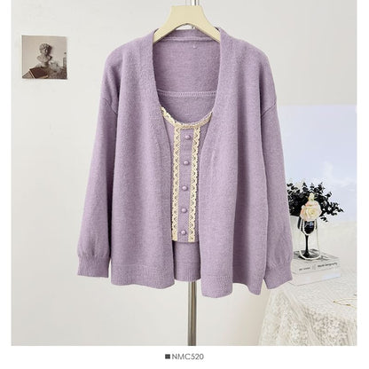Scoop Neck Lace Trim Knit Camisole + Extended Sleeve Cardigan Set