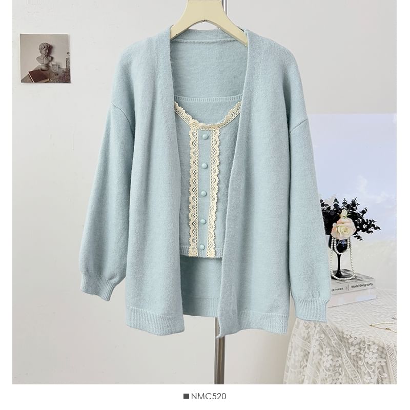 Scoop Neck Lace Trim Knit Camisole + Extended Sleeve Cardigan Set