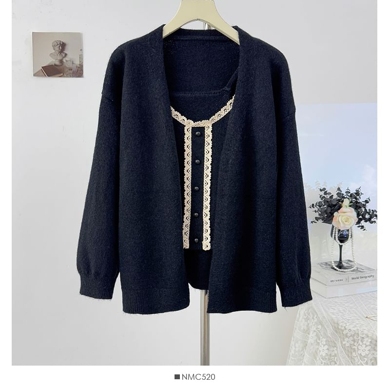 Scoop Neck Lace Trim Knit Camisole + Extended Sleeve Cardigan Set