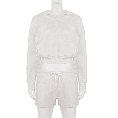 Matching Set: Zip-Up Cropped Hoodie and Drawstring Shorts