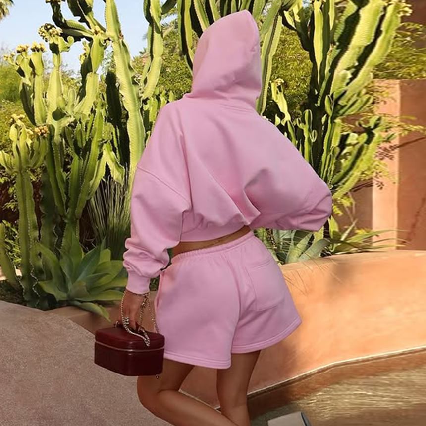 Matching Set: Zip-Up Cropped Hoodie and Drawstring Shorts