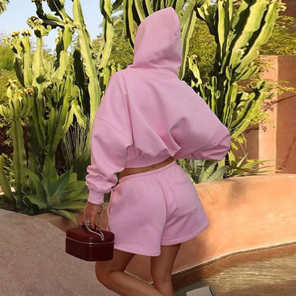 Matching Set: Zip-Up Cropped Hoodie and Drawstring Shorts