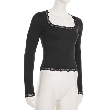 Square-Neck Cropped Top with Lace Trim and Long Sleeves